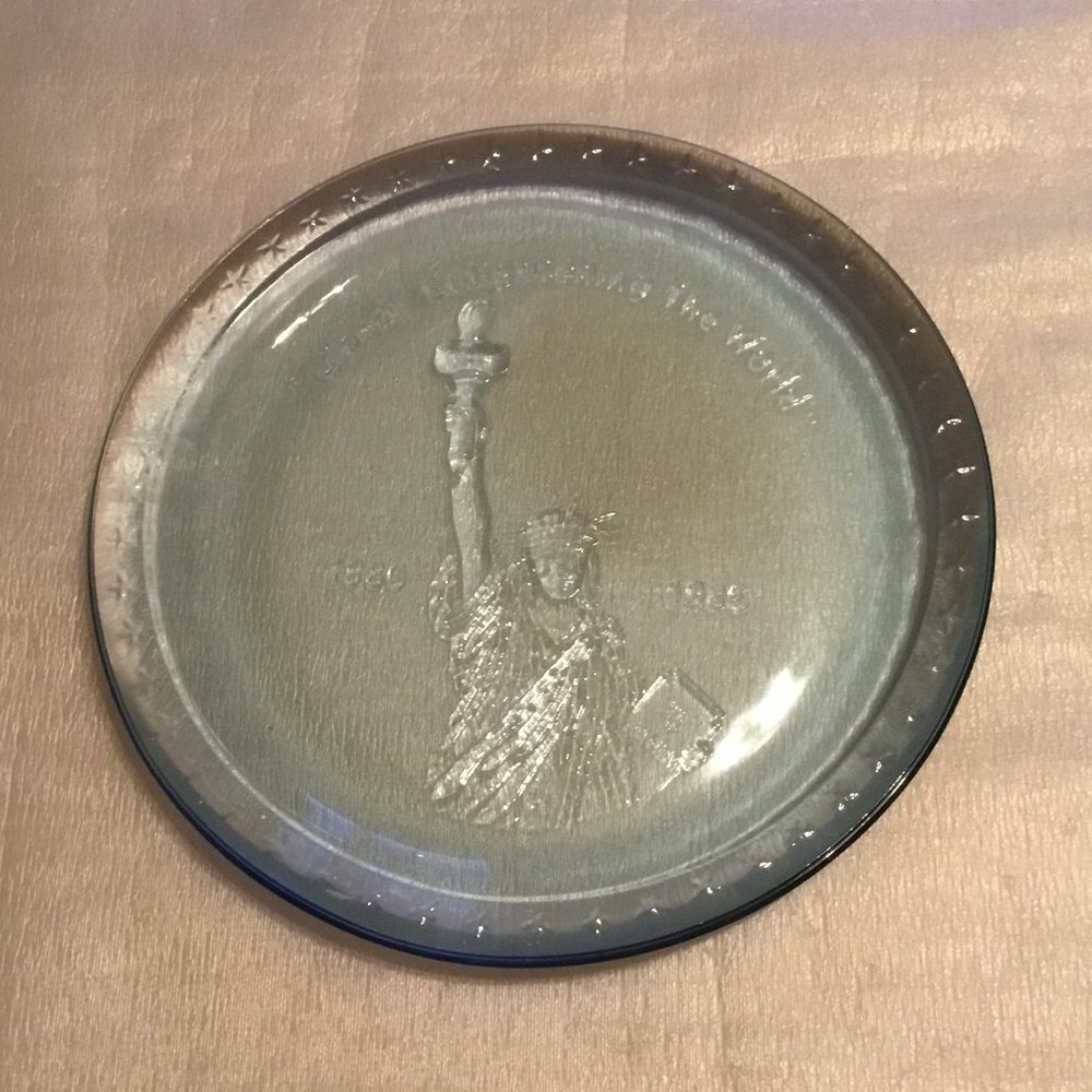 Vintage 1886-1986 Statue of Liberty aqua blue embossed glass plate